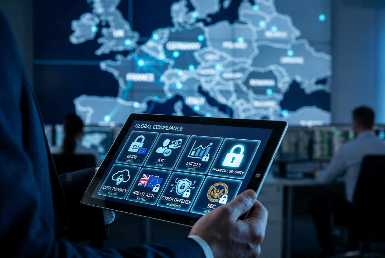 A cinematic close-up of a digital tablet screen showing global regulation icons and security padlocks